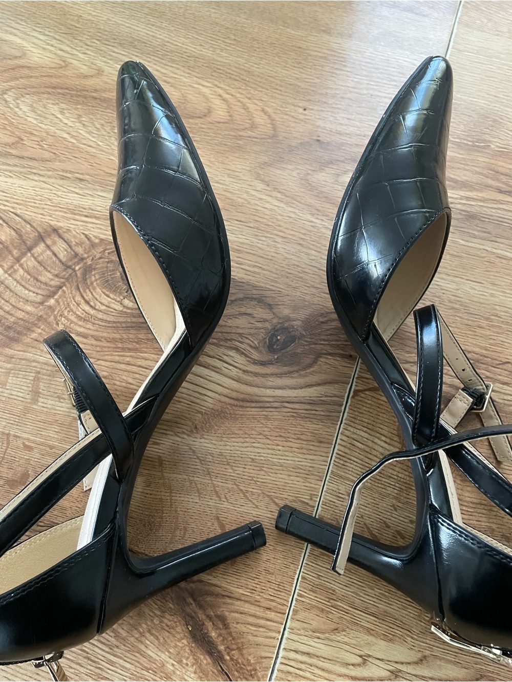 Liz Claiborne Black Croc-Embossed Pointed-Toe Ankle-Strap Heels - Picture 2 of 5